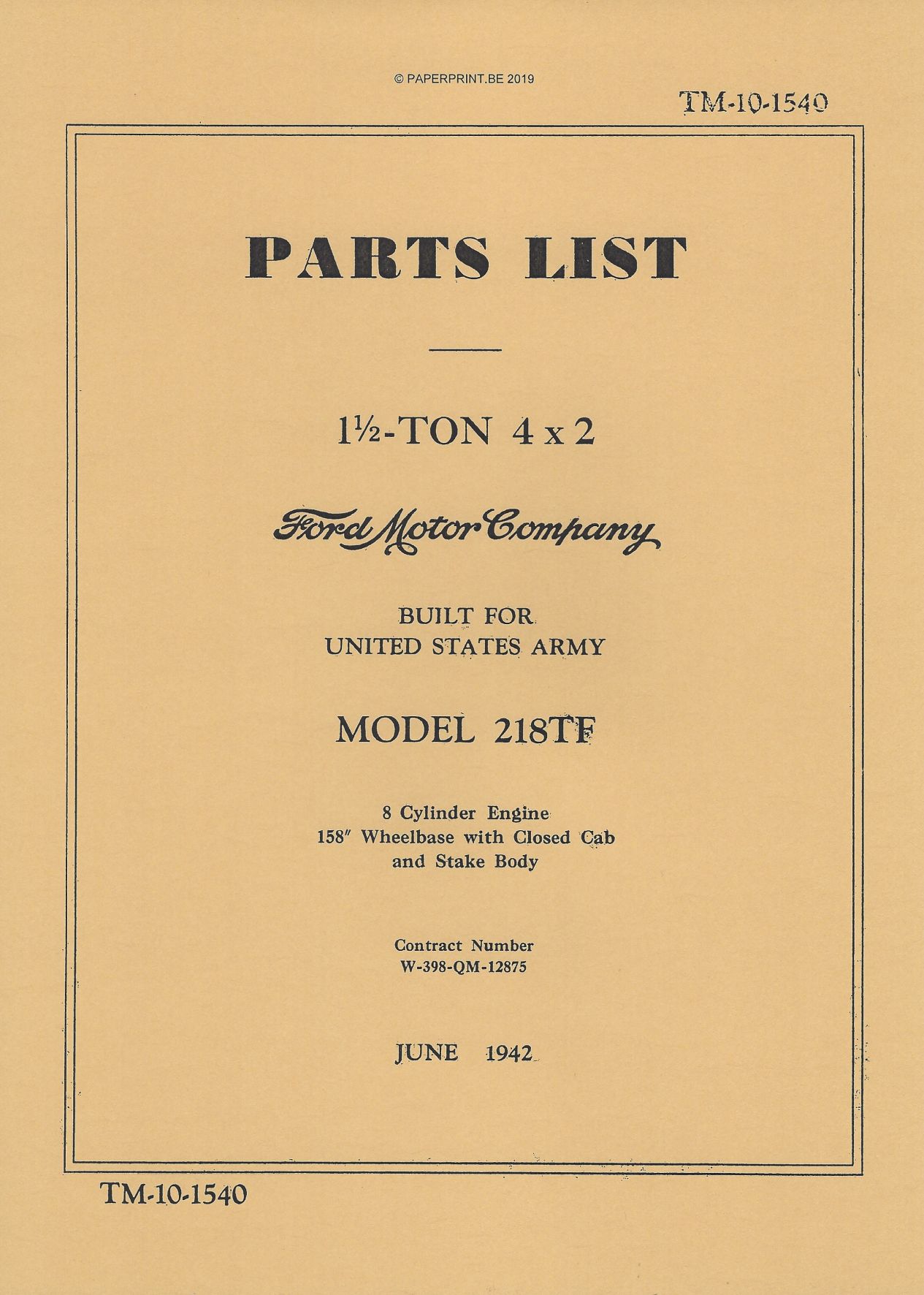 TM 10-1540 US FORD 1 ½ TON 4x2 MODEL 218TF PARTS LIST